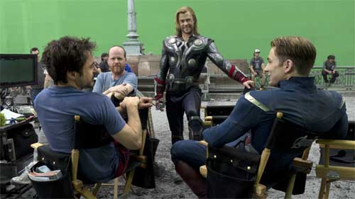 Robert Downey Jr., Chris Hemsworth, and Chris Evan on set of THE AVENGERS